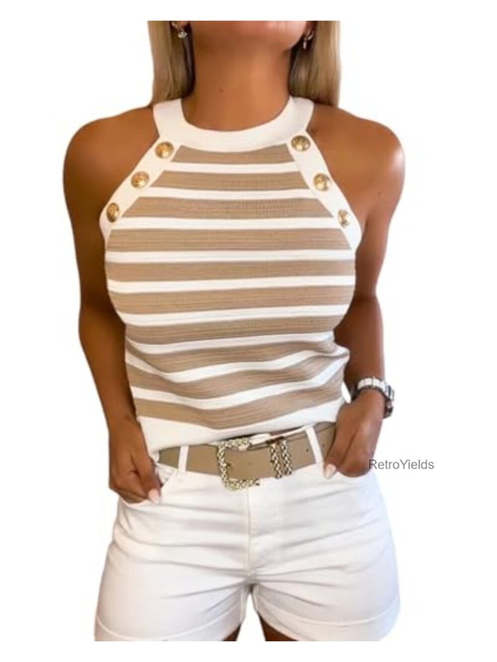 Knit Halter Tank Top High Neck Gold Button Striped Slim Fit Summer